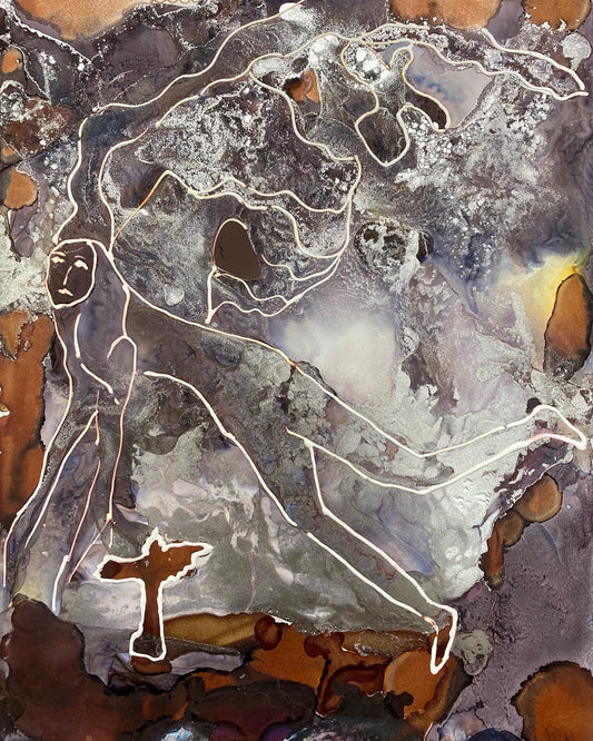 alcohol ink art on Yupo paper showing a human figure